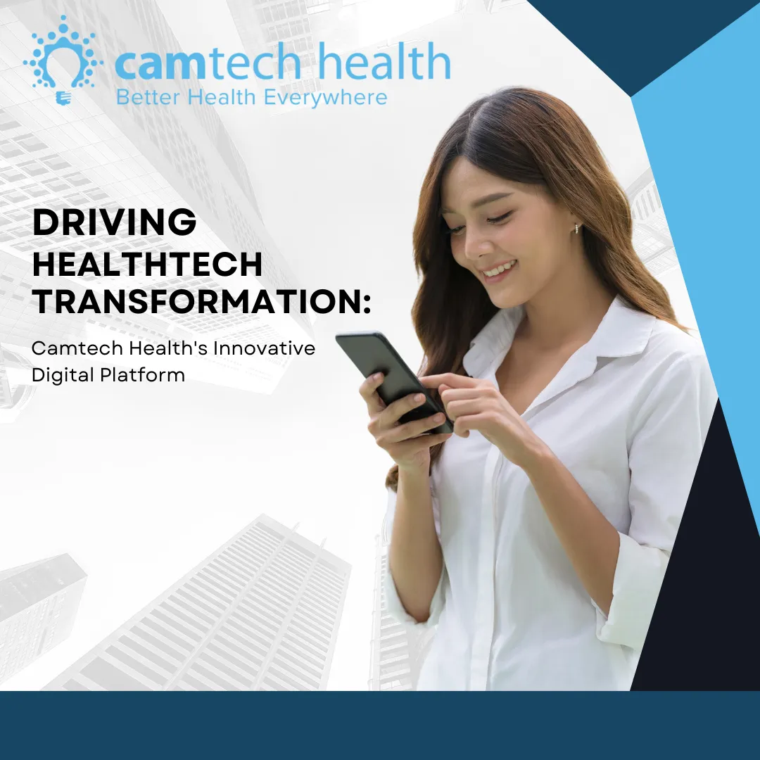 Woman using the Camtech Health digital platform on her smartphone – driving healthtech transformation
