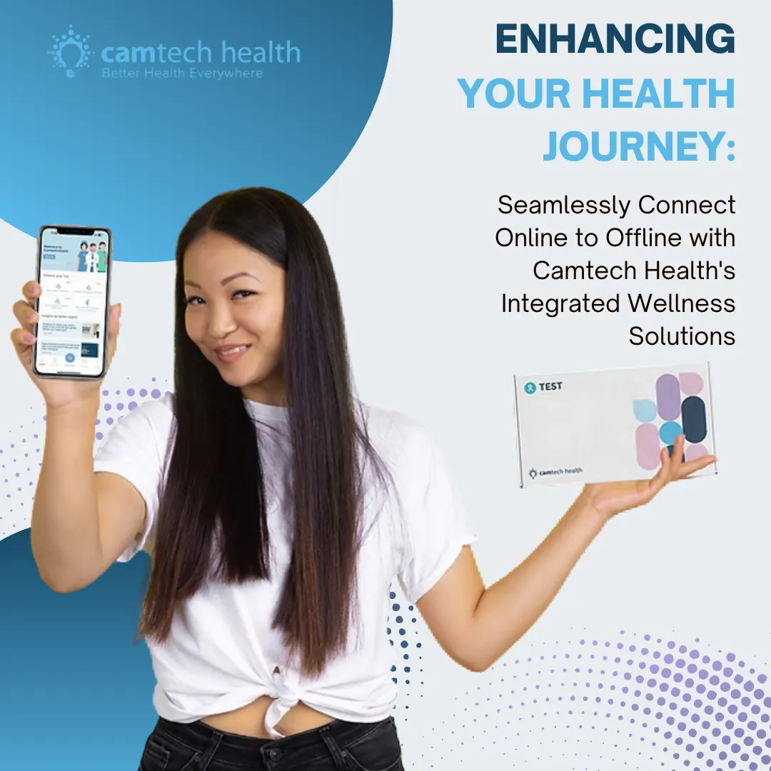 Woman holding a smartphone and home test kit illustrating Camtech Health's personalised health journey