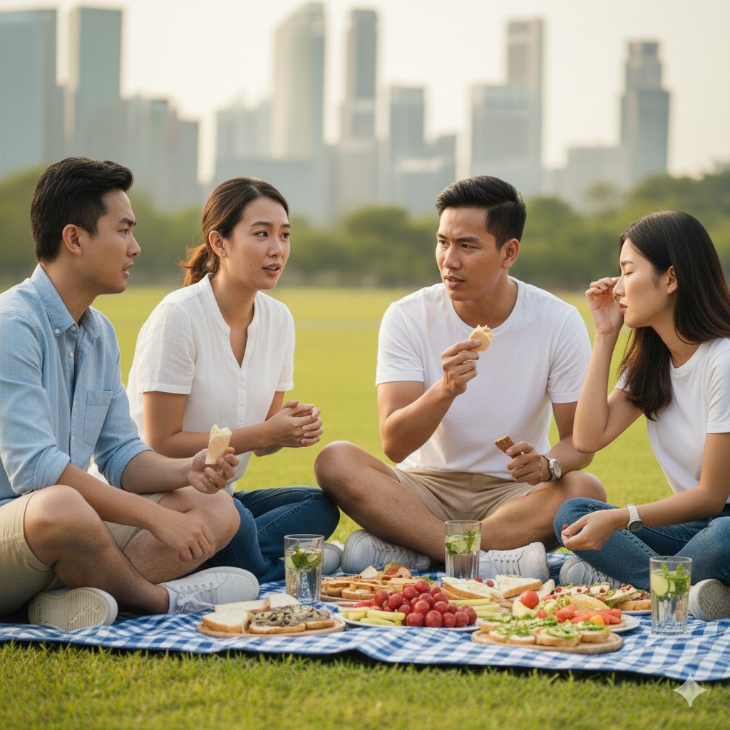A group of four friends on a picnic mat in a sunny park. A woman in the center sits cross-legged, sneezing into a white tissue with a distressed expression. To her left, a woman holds a phone to her ear with a worried look; behind her, a man places a comforting hand on her shoulder; and to her right, a man with a straw hat looks on with a shocked, open-mouthed expression. A picnic basket, water bottle, and plates of food are spread out in the foreground.