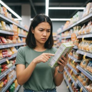 A person with glasses and a green hoodie standing in a supermarket aisle, focused on reading the ingredients label on a box of cereal. They are pointing to the fine print while holding the box, with shelves of various cereal products blurred in the background.