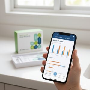 A close-up of a person holding a smartphone displaying the Camtech Health App with "Allergy Results" shown in clear charts. In the background, the Ideal Allergy DNA Test kit box sits on a white counter.