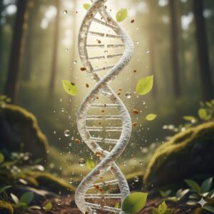 A creative 3D illustration of a DNA double helix structure in a forest setting, with green leaves and water droplets floating around it to symbolize nature and genetics.
