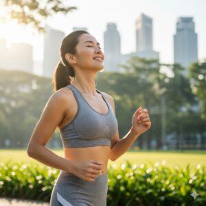 A woman in gray sporty attire jogging through a sunny park with city buildings in the background. She has a serene, smiling expression as she enjoys the fresh air.