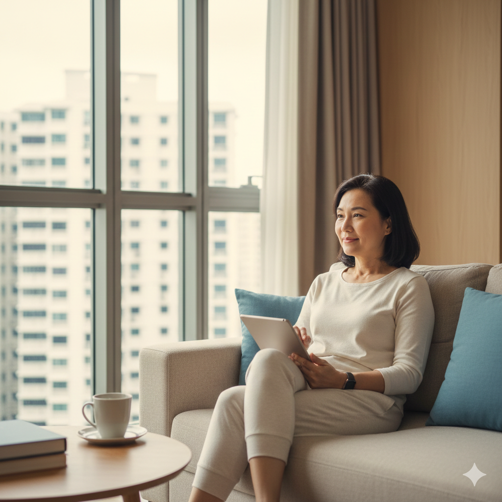 A middle-aged Asian woman sits comfortably on a sofa in a modern Singaporean apartment, holding a digital tablet and looking thoughtfully out a window at a city skyline.