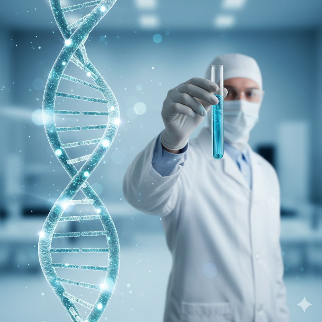A laboratory scientist in a white lab coat and protective gear holding a test tube with blue liquid, standing next to a glowing digital 3D DNA double helix graphic in a high-tech medical facility.