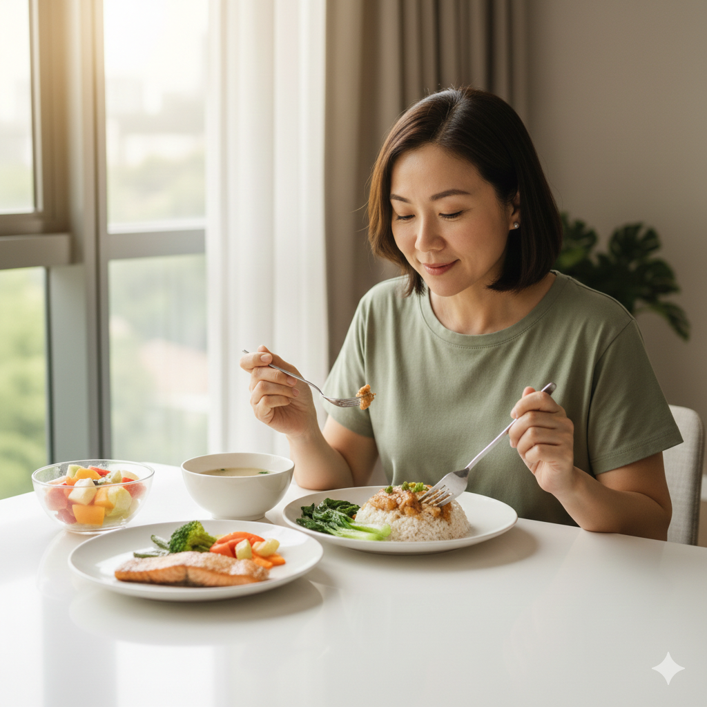 A middle-aged Asian woman enjoying a healthy meal consisting of grilled salmon, vegetables, and rice at a bright dining table in a modern Singaporean home.