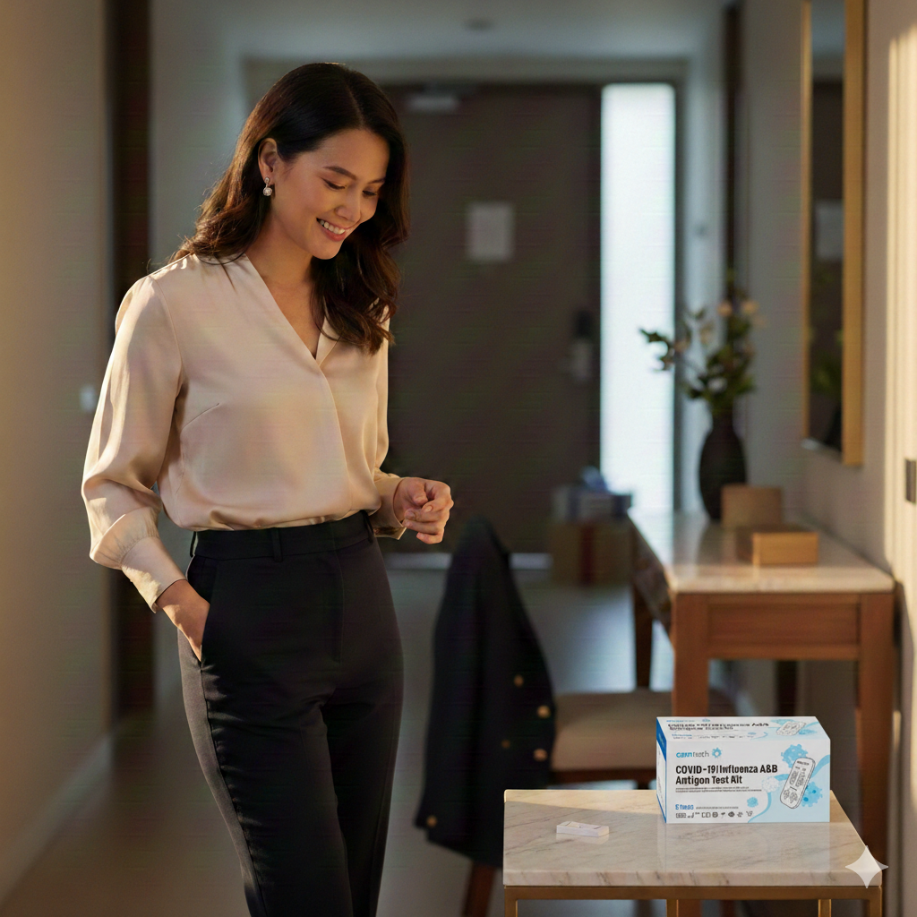 A woman in business casual attire looking at a Camtech Health COVID-19 and Flu A/B test kit on a hallway table.