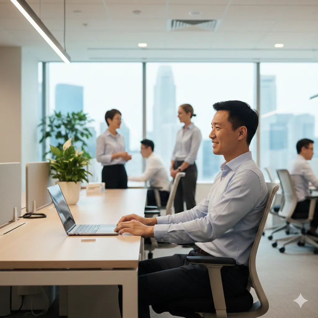 Professionals working and collaborating in a modern open-plan office environment.