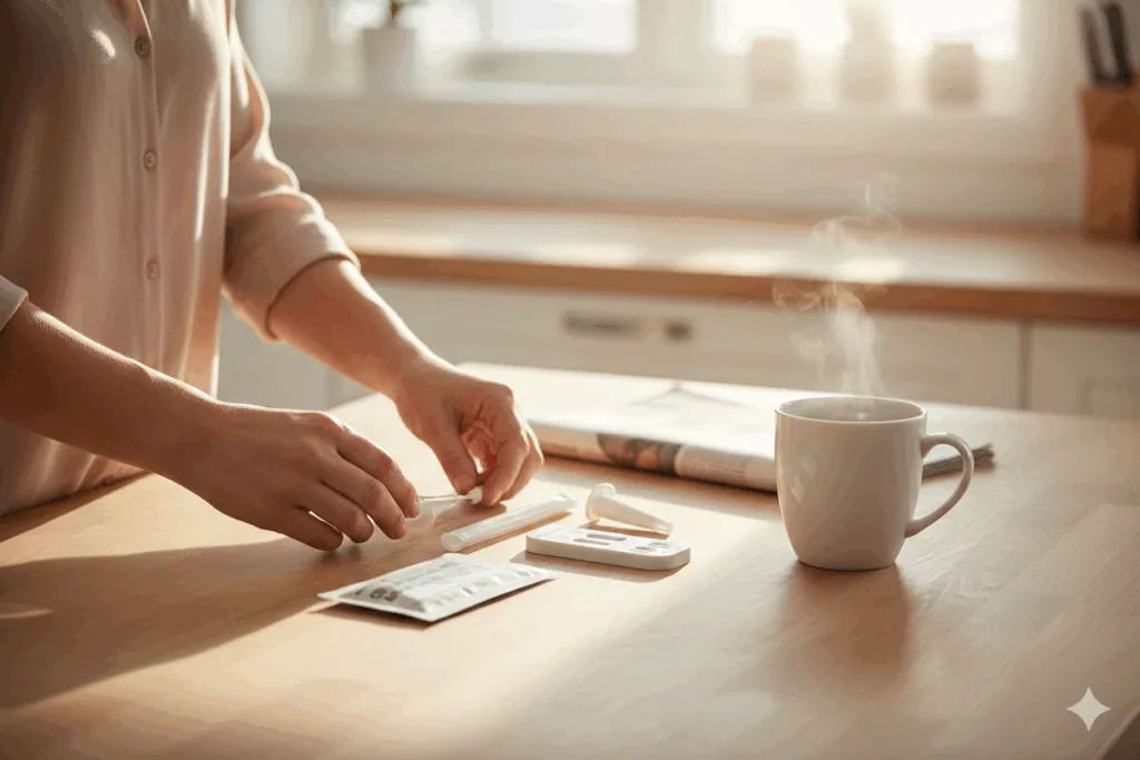 A close-up of a person’s hands setting up a rapid diagnostic test on a wooden table next to a cup of tea.