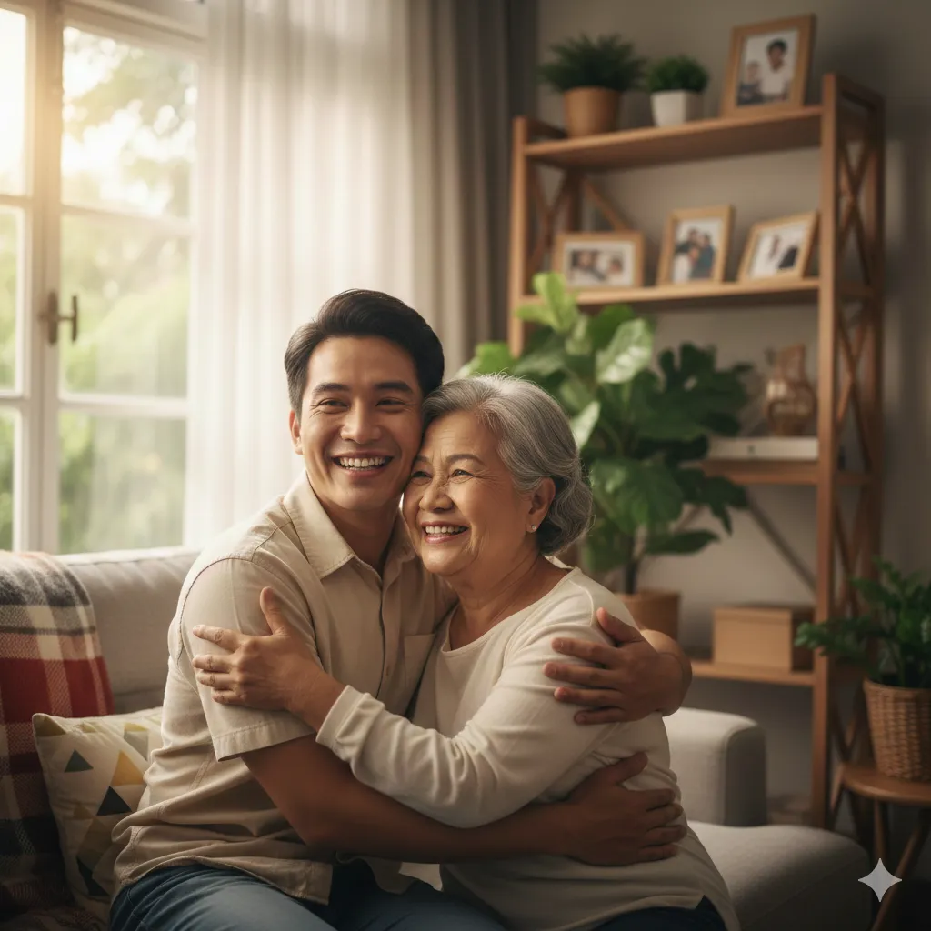 A young man and an elderly woman embracing warmly in a cozy living room setting.