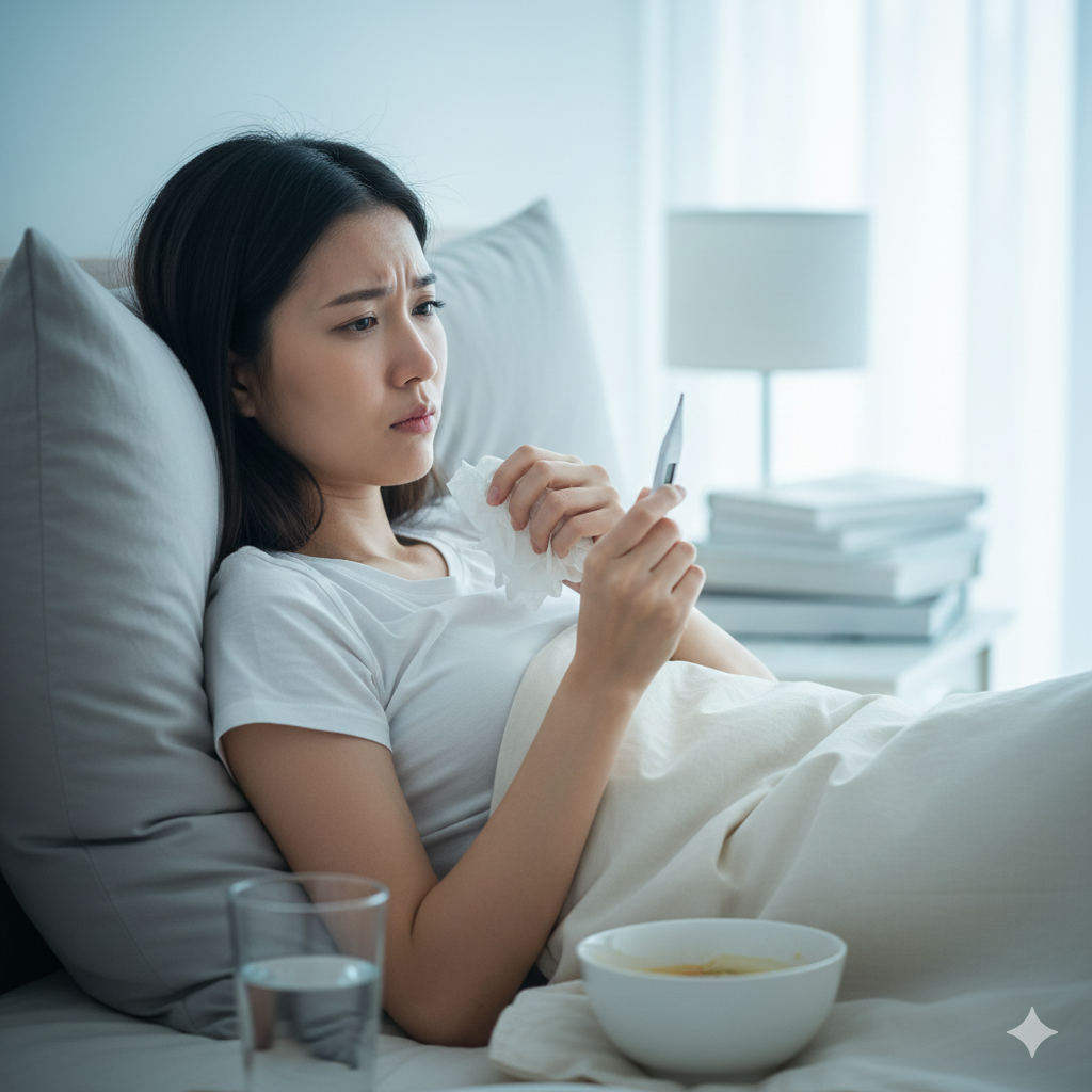 A young woman with a concerned expression sits up in bed, propped against grey pillows. She is holding a digital thermometer in one hand and a crumpled tissue in the other. A glass of water and a bowl of soup are on the bedside table in the foreground, suggesting she is unwell.