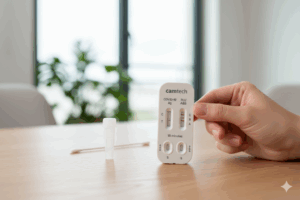 A hand holds a Camtech rapid diagnostic test kit on a wooden table, showing positive results for both COVID-19 and Flu A&B. A test tube and swab are visible in the background.