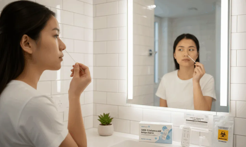 A young woman in a white t-shirt stands in a brightly lit, modern bathroom, using a nasal swab to perform a self-administered COVID-19 and Influenza A&B antigen test while looking into a mirror.