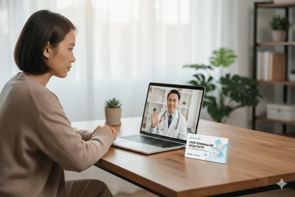 A woman sitting at a wooden table during a telehealth appointment on her laptop with a doctor, while a COVID-19 and Influenza A&B antigen test kit sits in the foreground.