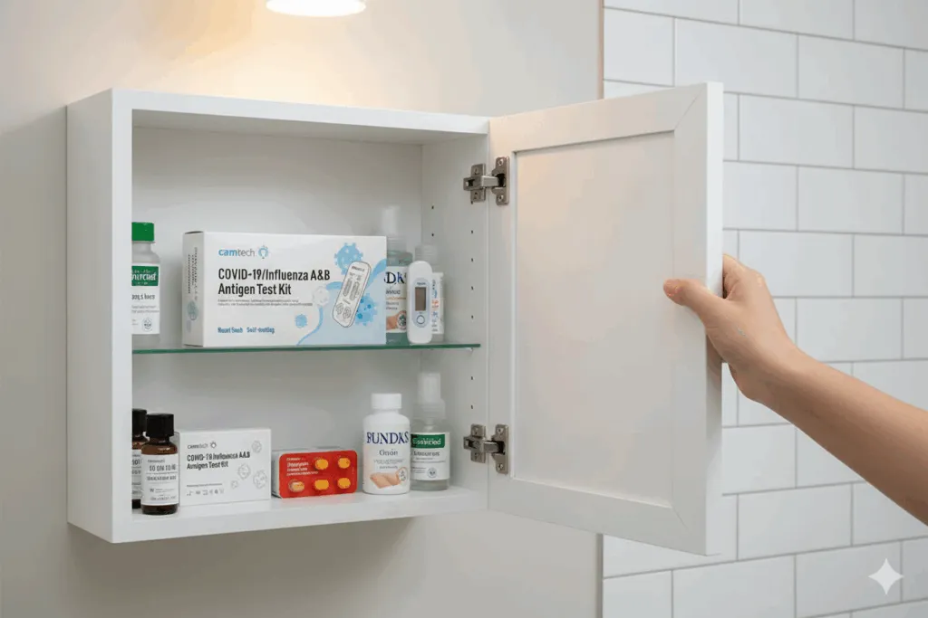 A white, wall-mounted medicine cabinet with an open door, containing various medical supplies including COVID-19/Influenza antigen test kits, medicine bottles, and a digital thermometer.