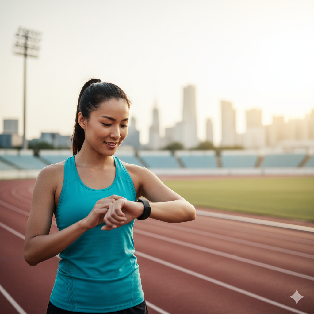 A fit Asian woman checking her smartwatch on a running track at sunset, illustrating digital health monitoring and proactive wellness.