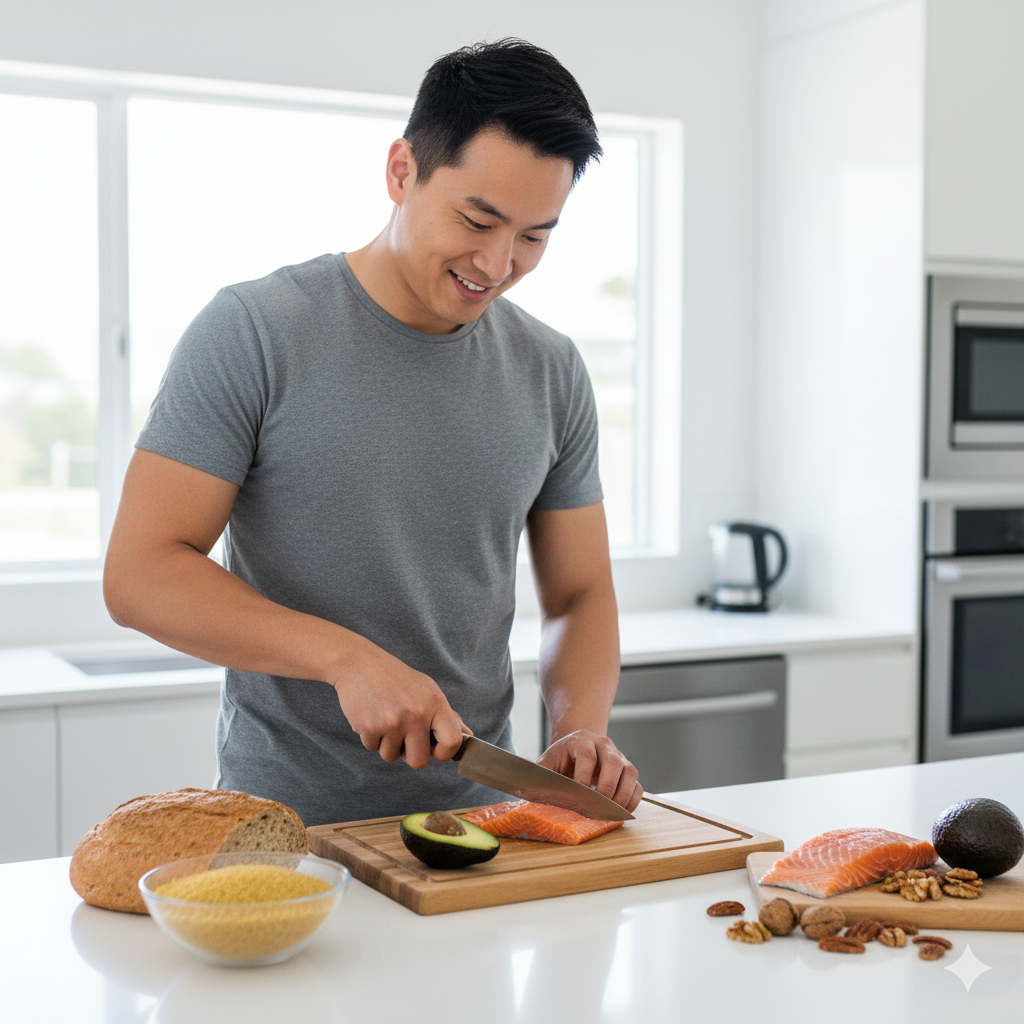 A smiling Asian man preparing a nutrient-dense meal with salmon, avocado, and whole grains in a modern kitchen, symbolising proactive health management.