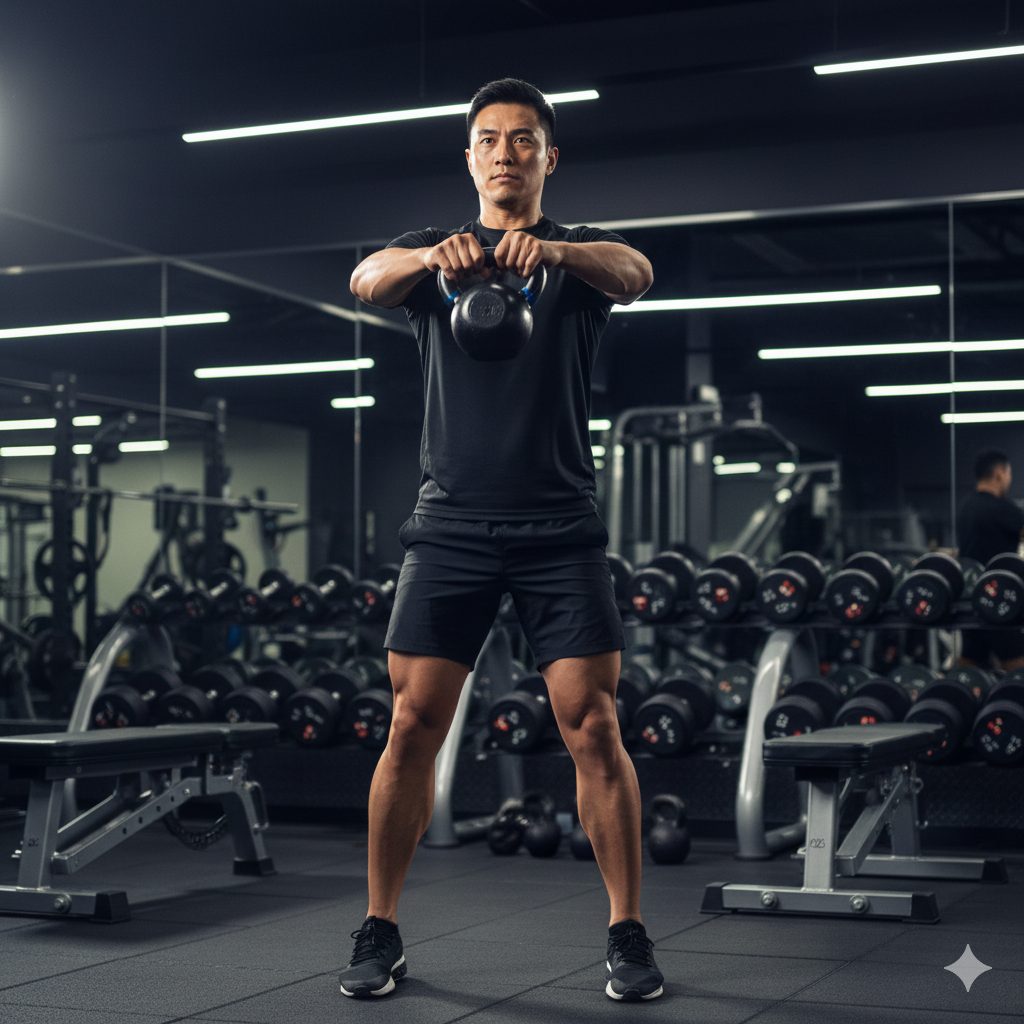 A fit Asian man performing a kettlebell swing in a modern gym, highlighting the importance of strength training for metabolic health and preventative wellness.