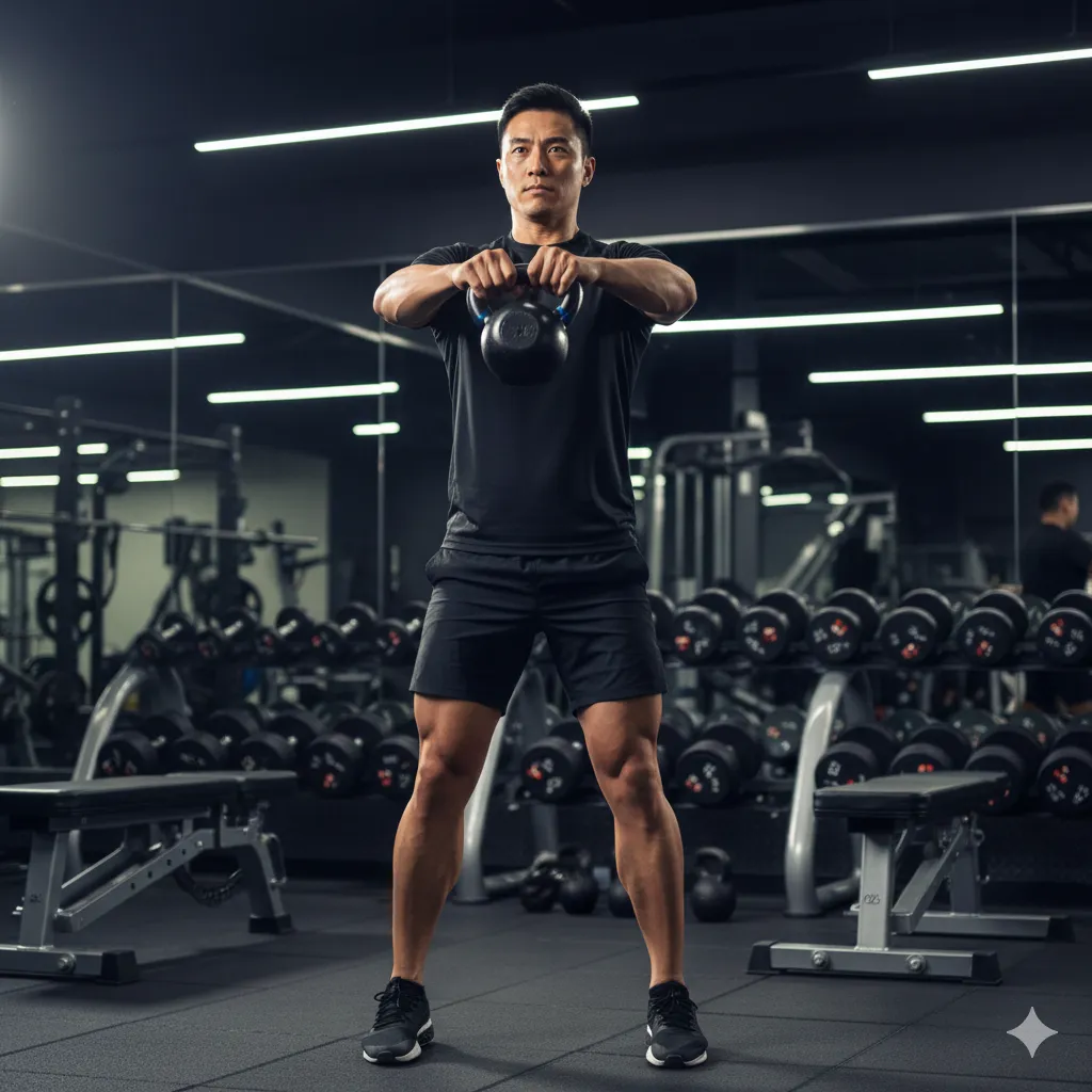 A fit Asian man performing a kettlebell swing in a modern gym, highlighting the importance of strength training for metabolic health and preventative wellness.