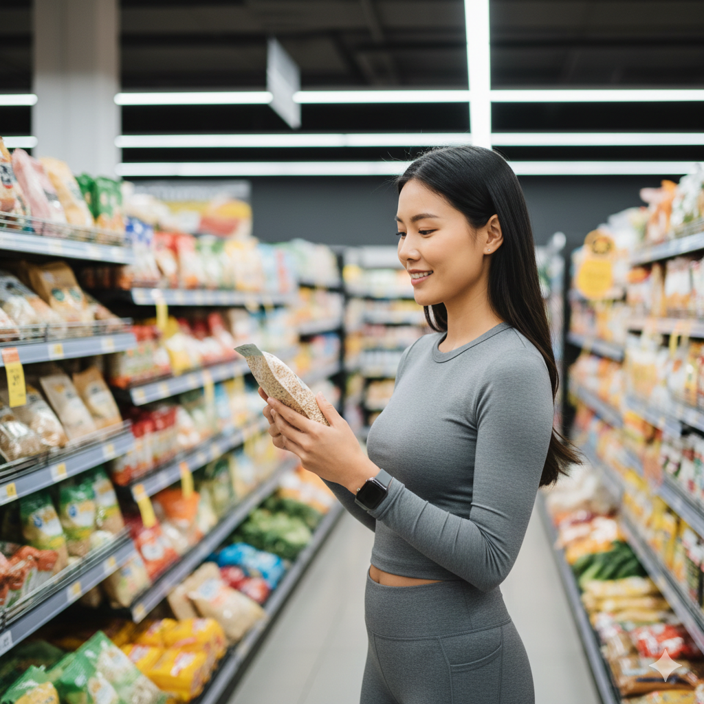 A smiling Asian woman in athletic wear reading a food label in a supermarket aisle, demonstrating proactive nutritional choices for preventative health.