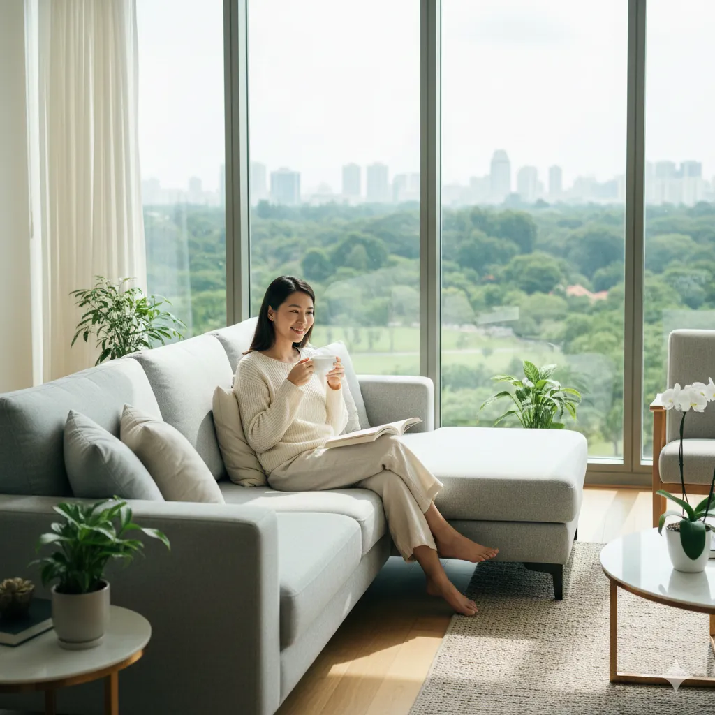 A woman relaxing on a sofa in a bright Singapore apartment with a city view, representing the comfort and privacy of home health screening.