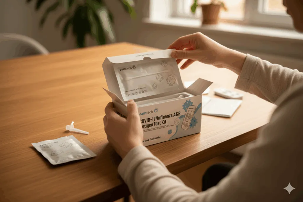 A person opening a Camtech Health COVID-19 and Influenza A&B Antigen Test Kit at a wooden table, demonstrating easy-to-use home health screening in Singapore.