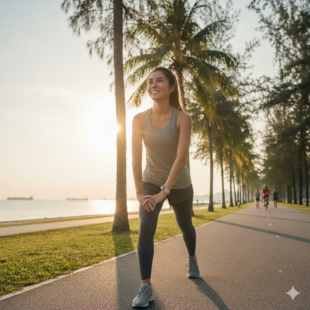 An active woman stretching at a park, illustrating the benefits of personalised fitness insights from Camtech Health DNA testing.