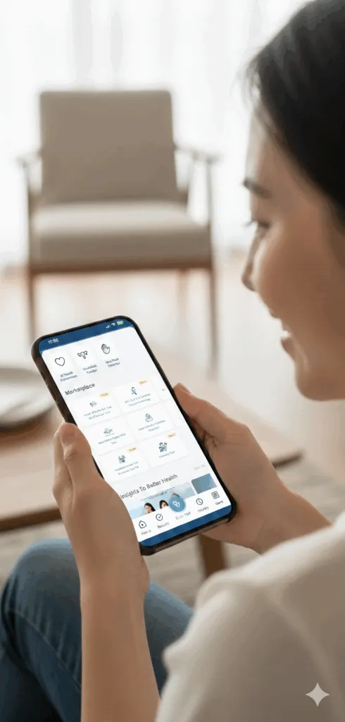 A woman in Singapore using the Camtech Health mobile app on her smartphone to browse home health screening kits and view laboratory-verified medical results.