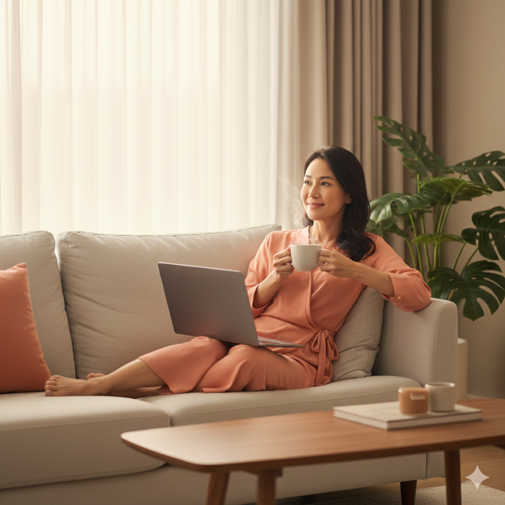 A relaxed Singaporean woman sitting on a sofa at home with a laptop and a warm drink, representing the convenience and privacy of Camtech Health’s at-home HPV test kit and digital health services.