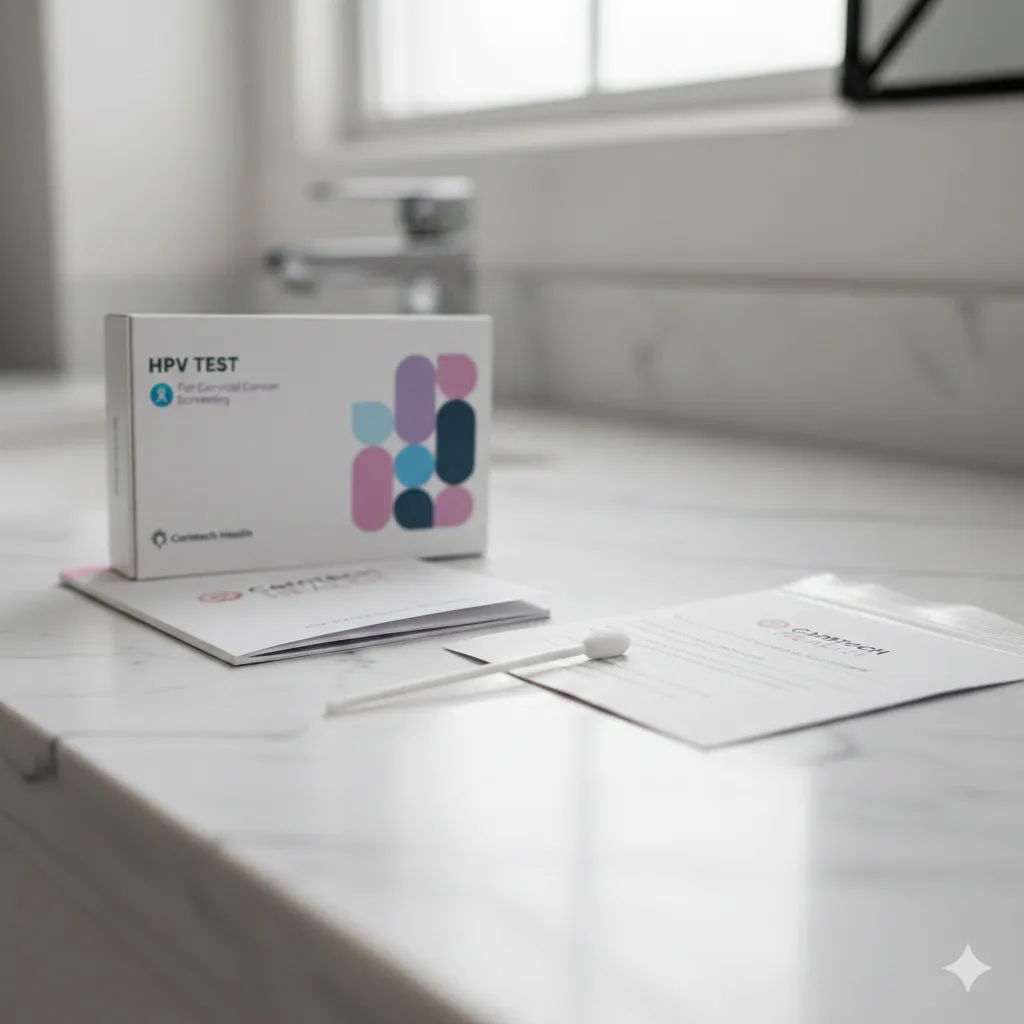 The Camtech Health At-Home HPV Test Kit displayed on a clean marble surface, including the branded box, instruction manual, and the soft-tipped vaginal self-sampling swab for cervical cancer screening in Singapore.