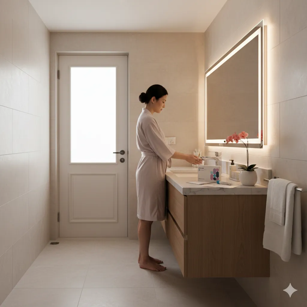 A Singaporean woman in a modern bathroom preparing to use the Camtech Health At-Home HPV Test Kit for private vaginal self-sampling, illustrating a convenient alternative to clinic-based cervical cancer screening in Singapore.
