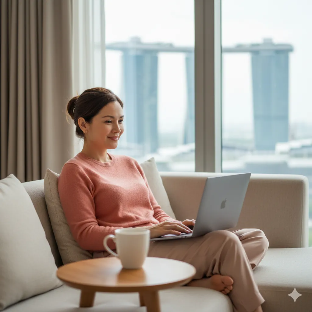 A Singaporean woman smiling while reviewing her medical report on a laptop at home, with the Marina Bay Sands skyline in the background, illustrating the ease of receiving digital results from a Camtech Health HPV test.