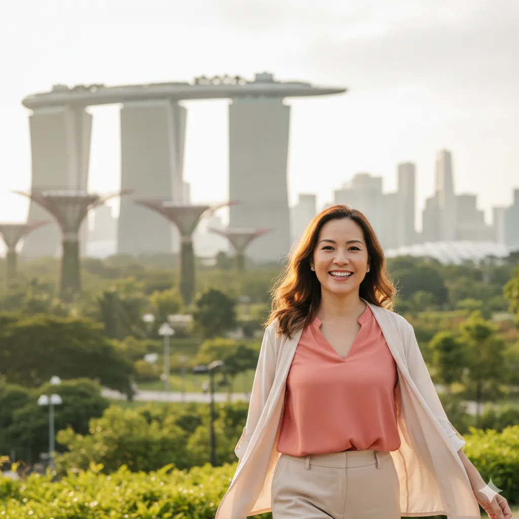A confident and smiling Singaporean woman standing outdoors with the Marina Bay Sands and Supertree Grove skyline in the background, symbolising the peace of mind and wellness achieved through regular cervical health screening with Camtech Health.