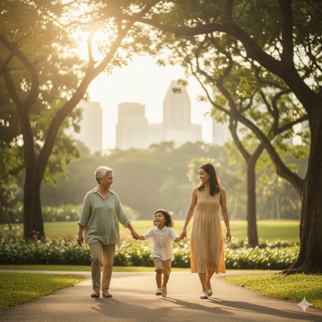 Three generations of a healthy family walking together through a sunlit park, symbolising longevity and proactive wellness through genetic insights.