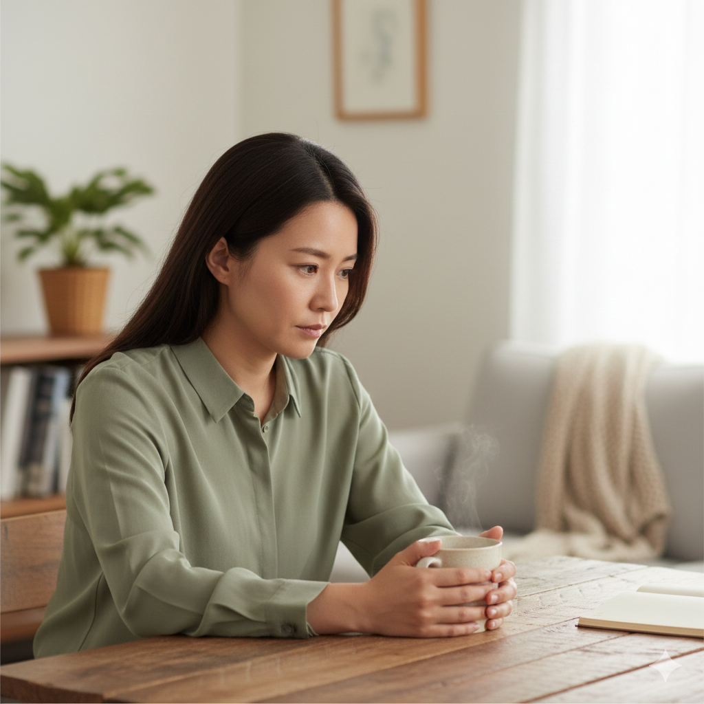 A thoughtful woman sitting at a wooden table with a warm beverage, reflecting on her family medical history and proactive wellness.