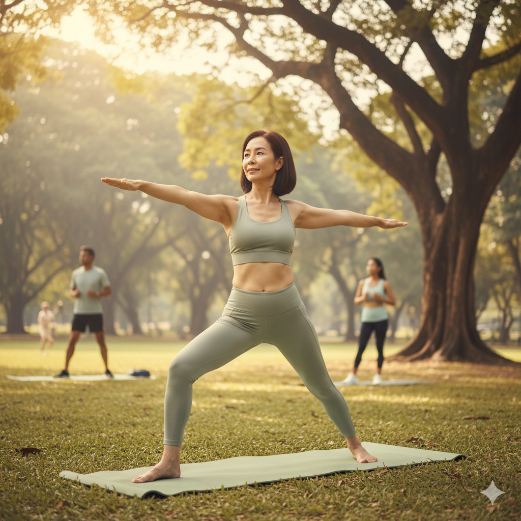 A fit, mature woman performing a yoga pose in a sunlit park, representing longevity and proactive wellness achieved through genetic insights.