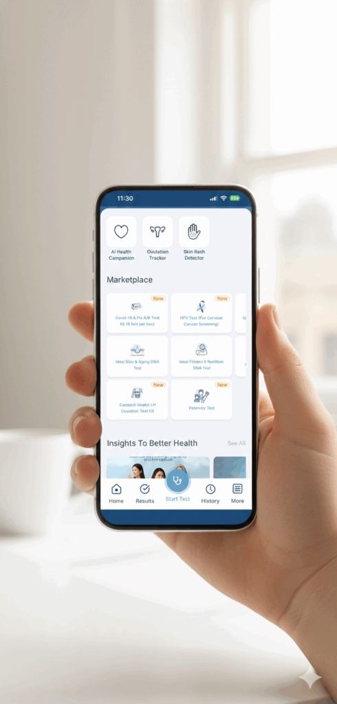 A hand holding a smartphone displaying the Camtech Health app marketplace, featuring the Ideal Health DNA Test and other proactive diagnostic screening kits.