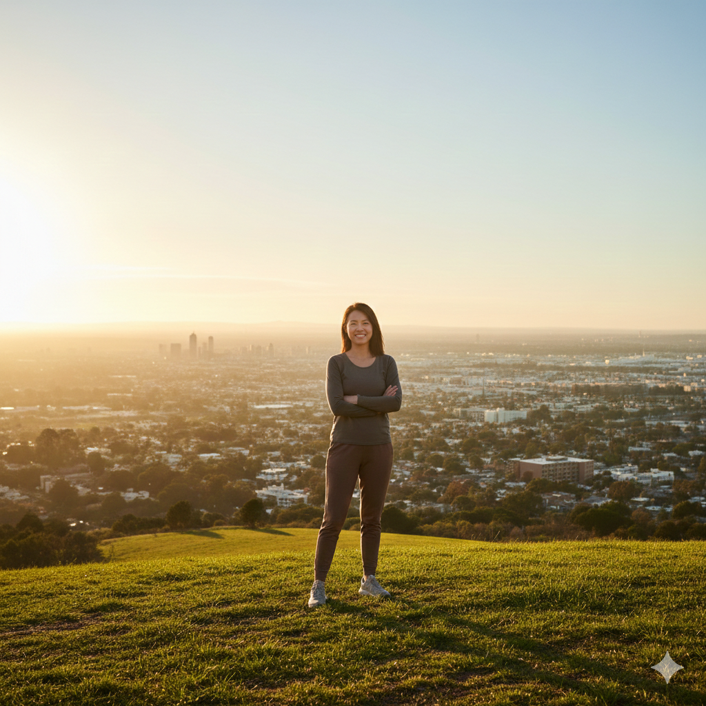 A confident woman standing on a grassy hilltop overlooking a city skyline at sunrise, symbolising proactive health and the vision for longevity.