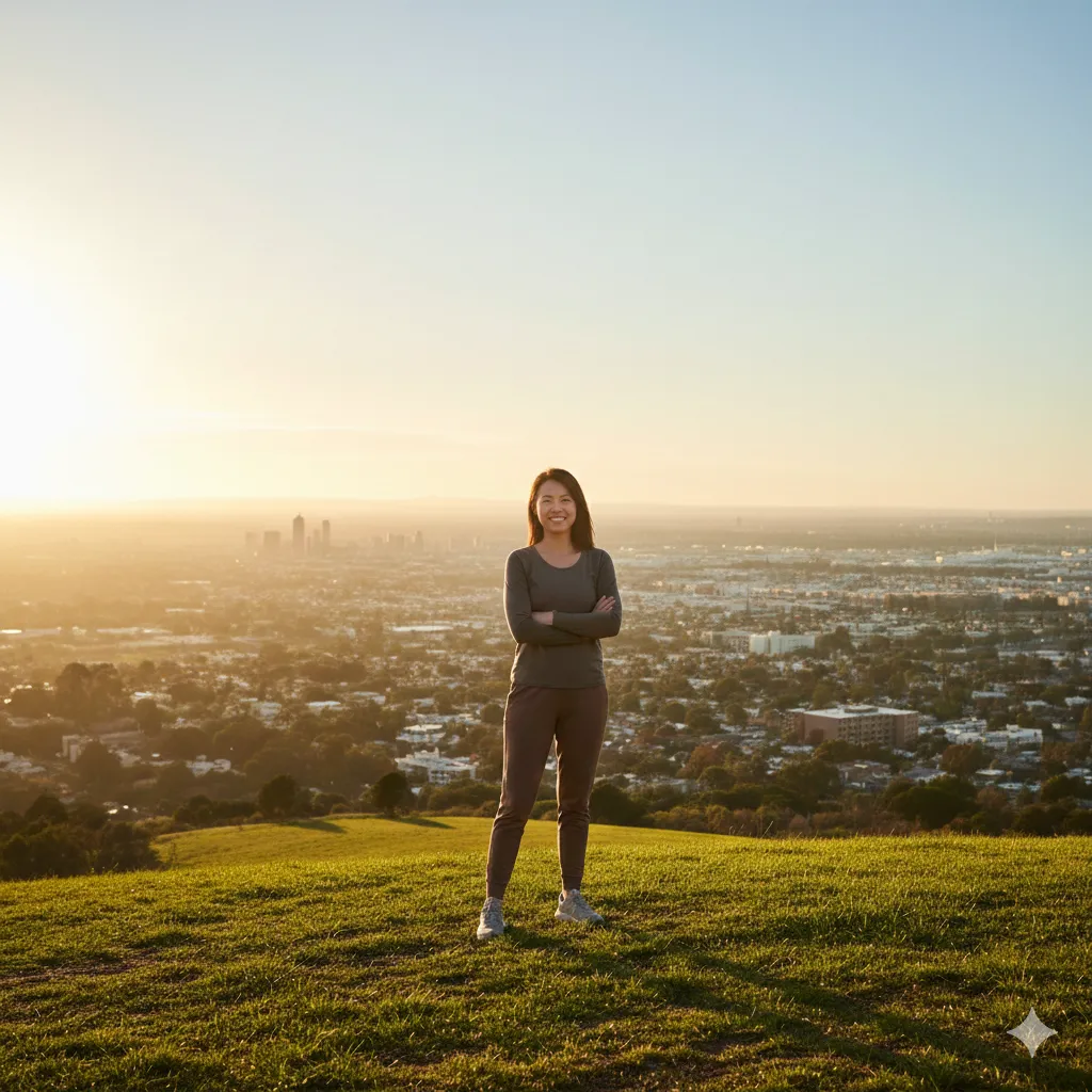 A confident woman standing on a grassy hilltop overlooking a city skyline at sunrise, symbolising proactive health and the vision for longevity.