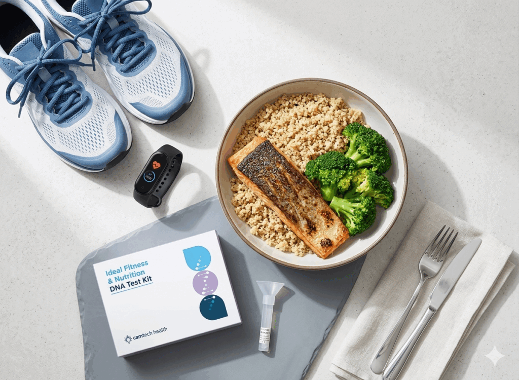 A healthy meal and fitness gear representing a holistic approach to wellness.