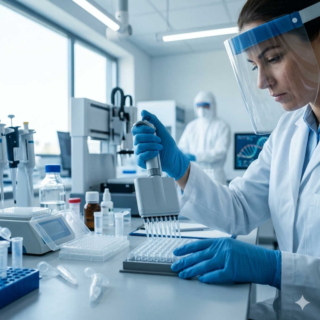 A scientist performing DNA analysis in a high-tech laboratory.