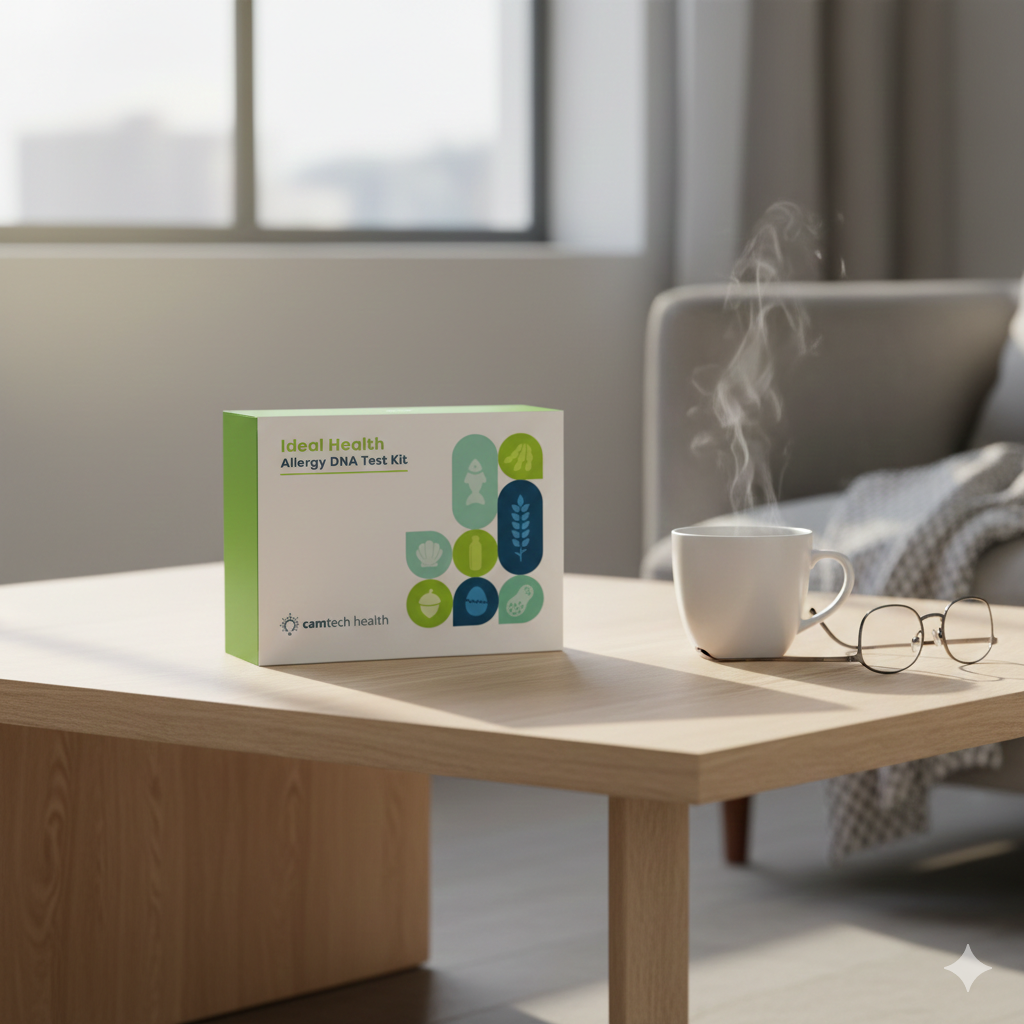 Camtech Health Ideal Health Allergy DNA Test Kit box placed on a wooden table alongside a steaming white mug and eyeglasses.