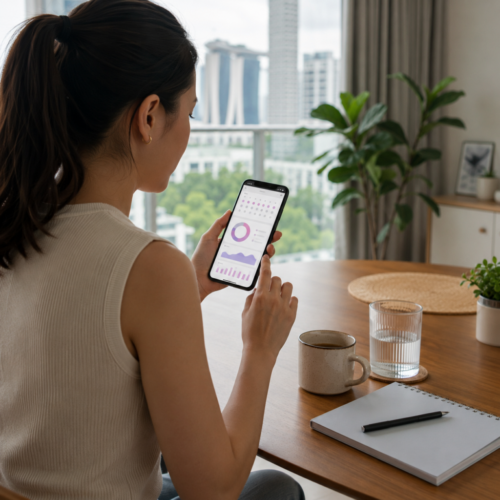 Woman recording ovulation test information in a smartphone app.