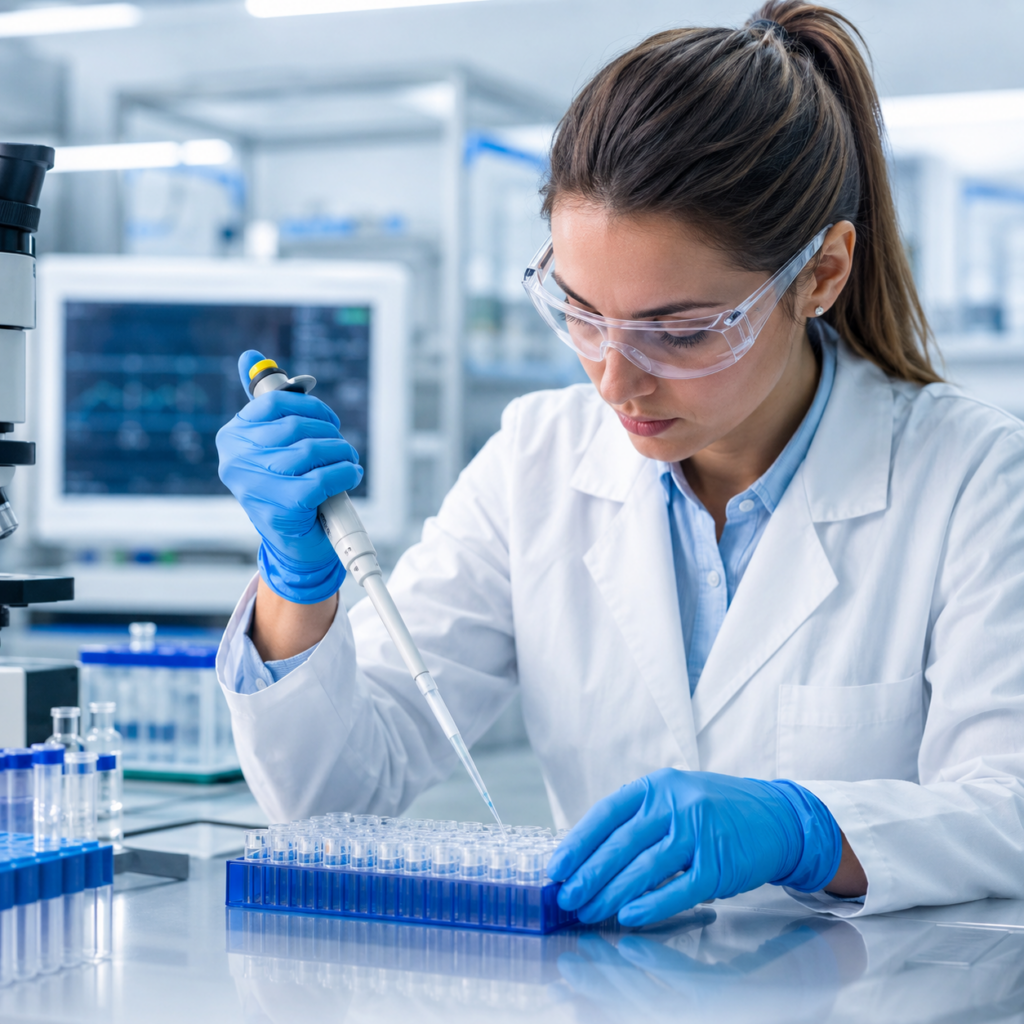 A scientist performing DNA analysis in a high-tech laboratory.