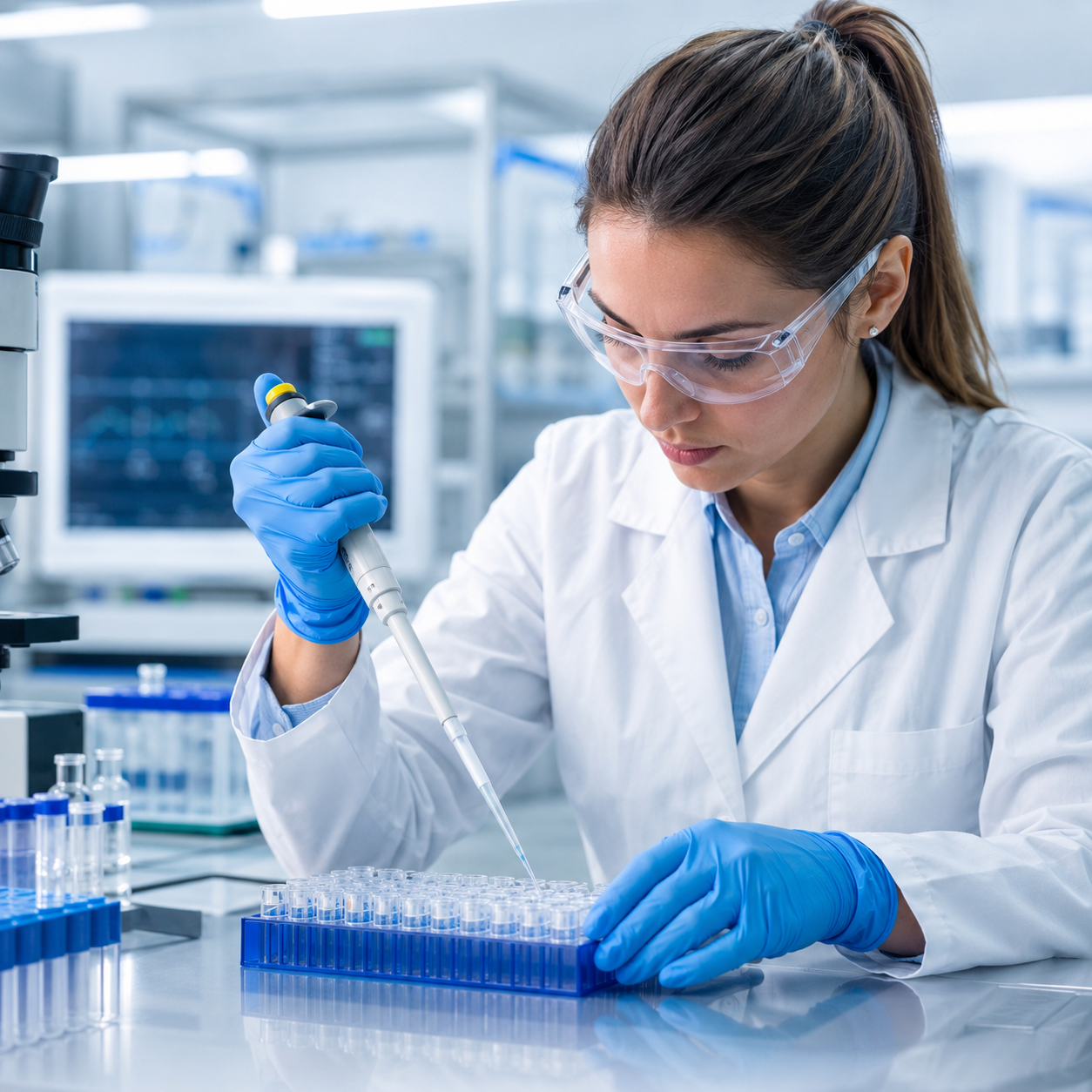 A scientist performing DNA analysis in a high-tech laboratory.