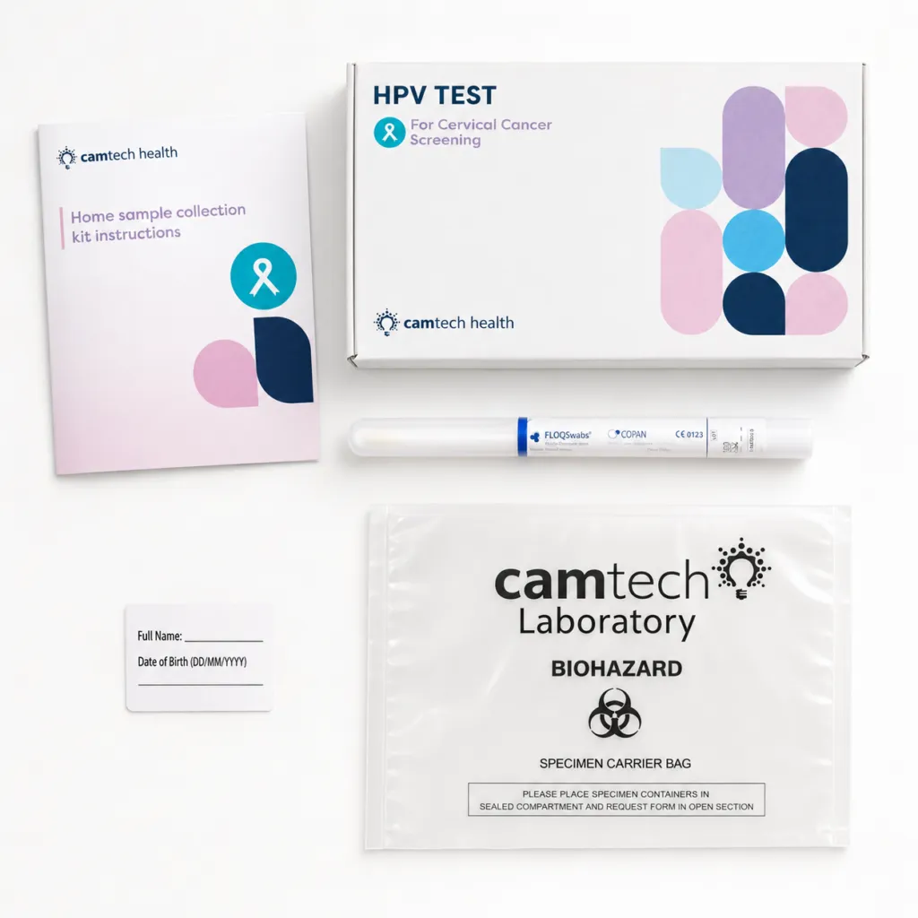 Camtech Health at-home HPV DNA test kit with collection swab and instructions.