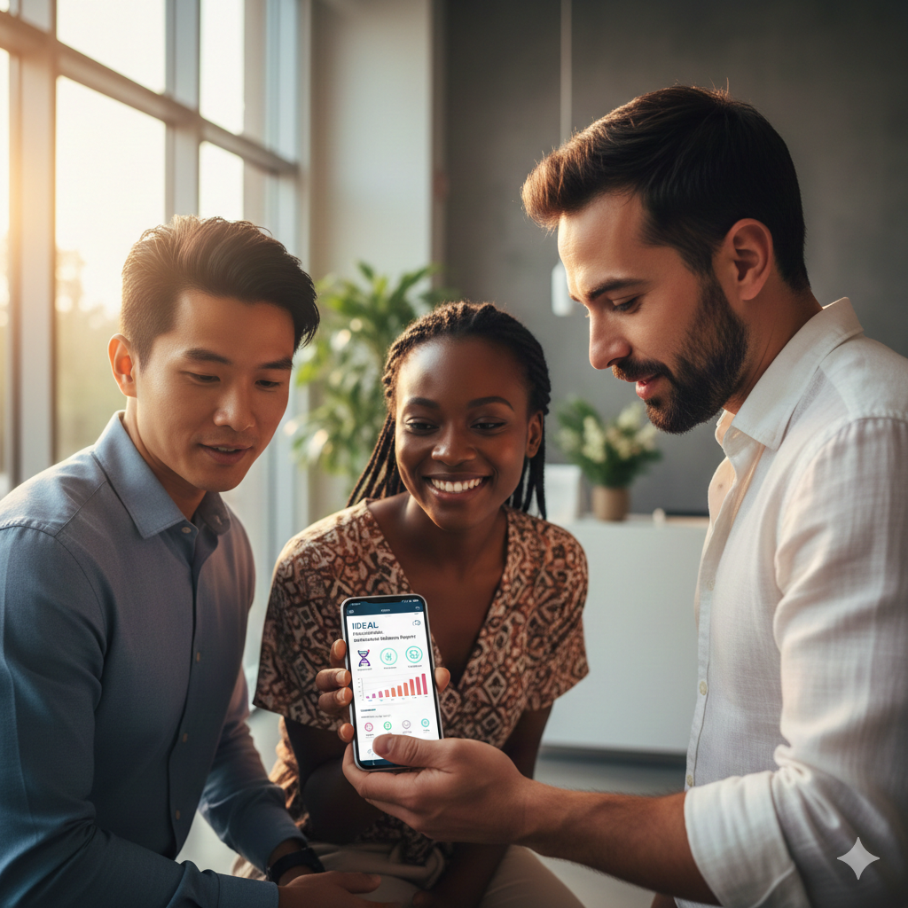 A diverse group of people viewing ethnicity-based DNA insights on a smartphone via the IDEAL Health app for personalised wellness.
