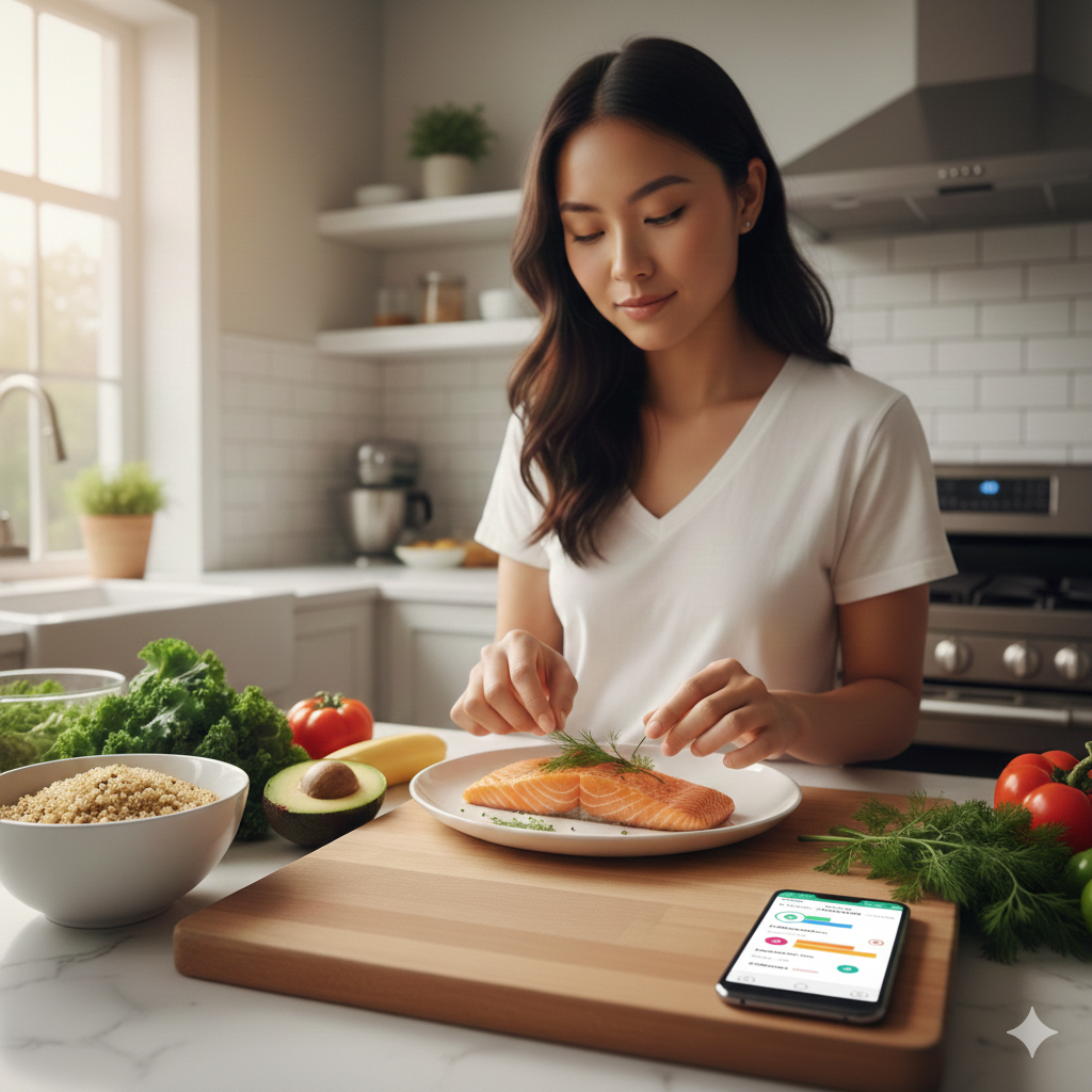 An Asian woman preparing a healthy salmon and quinoa meal in a kitchen, using the IDEAL Health app for personalised, ethnicity-based nutritional guidance.