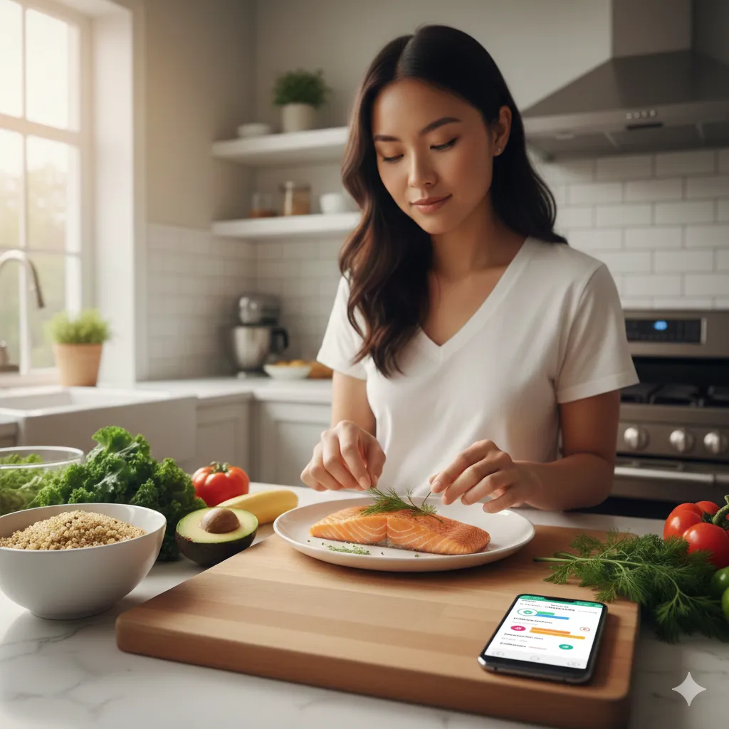 An Asian woman preparing a healthy salmon and quinoa meal in a kitchen, using the IDEAL Health app for personalised, ethnicity-based nutritional guidance.