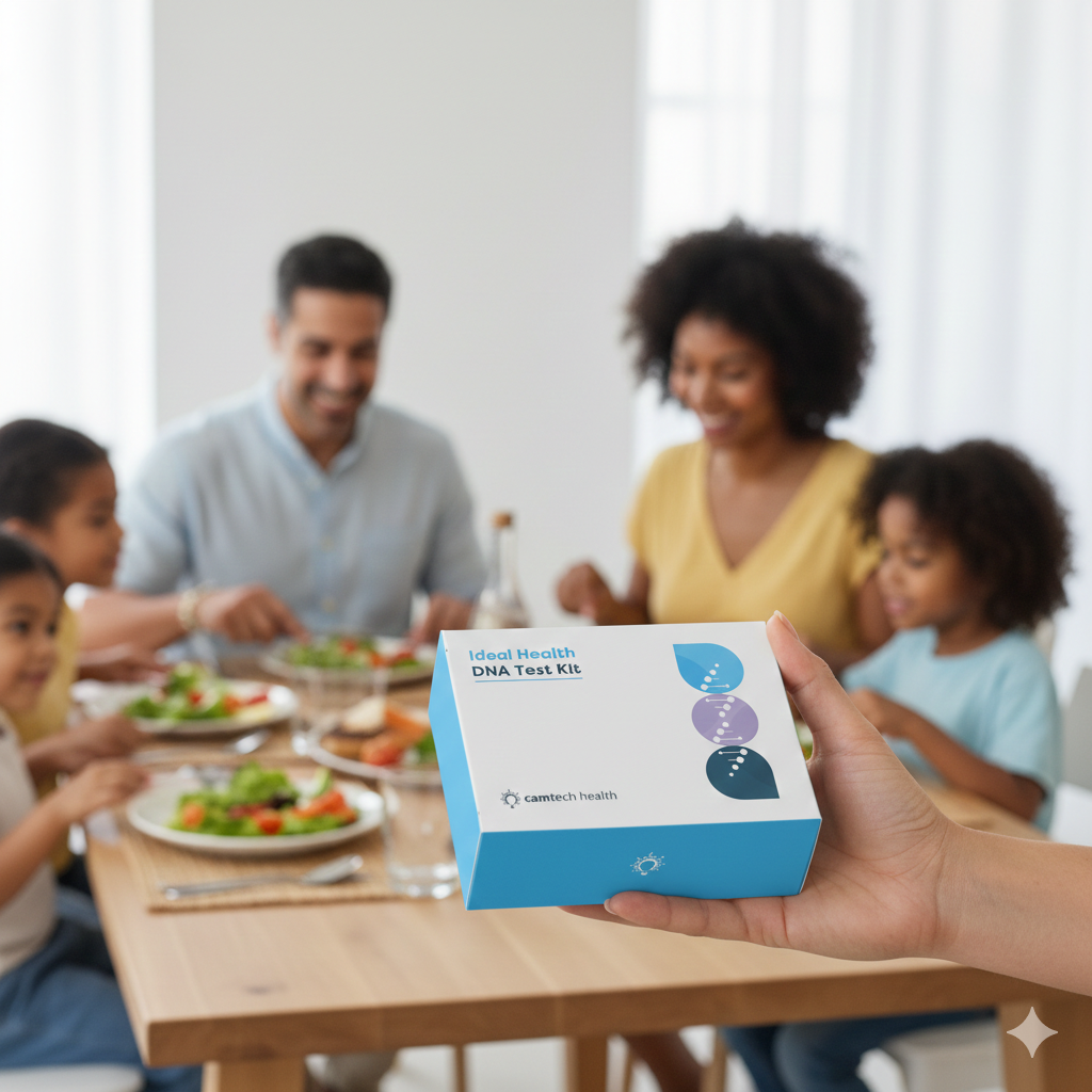 A hand holds an IDEAL Health DNA Test Kit from Camtech Health, with a diverse family enjoying a healthy meal together in the background, representing personalised wellness based on genetic heritage.